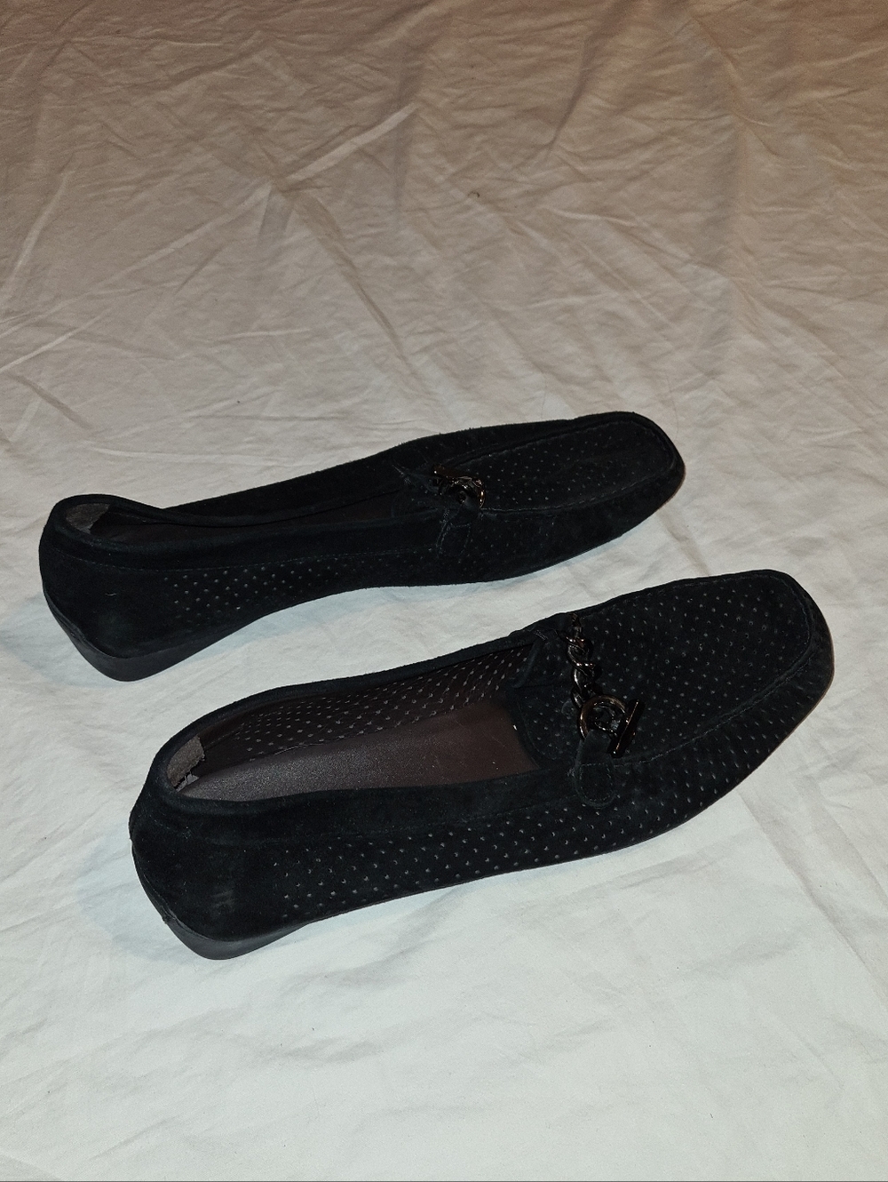 Stuart Weitzman Black Perforated Suede Loafers